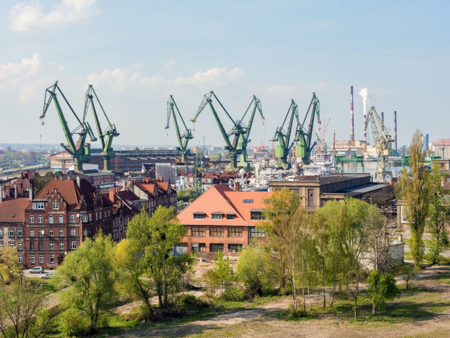 GDANSK, POLAND, May 14, 2018: A view of Gdansk shipyard and the green cranes.
